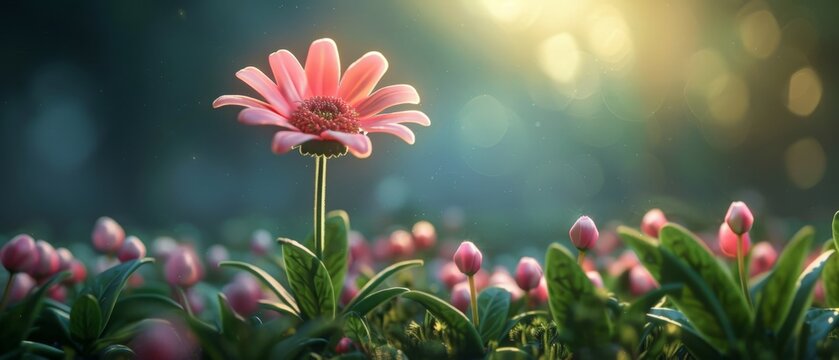 A photo of a pink daisy flower in a field of flowers with a blurred background.