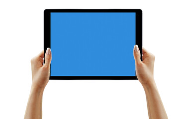Female hands holding tablet with blank screen isolated