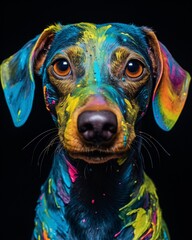A dog artist mastering the dye transfer process, creating pop art portraits of mythical creatures...