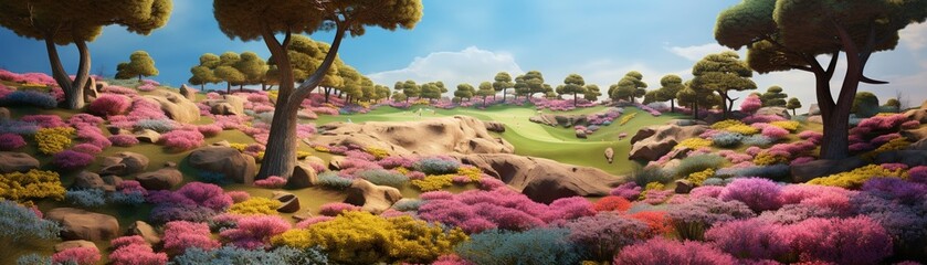 A golf course set in the midst of an Infinity Bloom Expanse, where each hole features unique plant obstacles and color hazards,  - obrazy, fototapety, plakaty