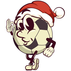football soccer ball cartoon vector isolated clip art illustration mascot wearing santa hat with giving an okay sign, vector work of hand drawn