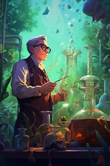 Alchemist guilds in space, inventing a potion that turns plants into sentient beings, curious about wildlife,  - obrazy, fototapety, plakaty