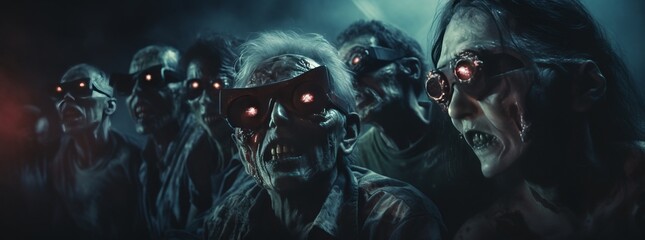 At a horror movie night, a group of zombies cant figure out the remote control, while one tries wearing 3D glasses upside down, 