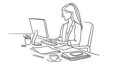 Girl secretary sitting at the computer isolated on white background. Office line art drawing. Vector illustration