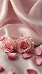 Romantic Concept Vibrant Pink Rose And Lush Green Leaves Embrace A Textured White Bed Background