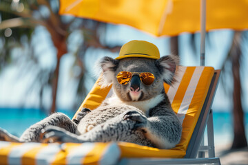 Cute koala in sunglasses and hat, relaxing on a chaise lounge under an umbrella against a backdrop of bright blue sea and palm trees. Travel and relaxation concept. - 790150123