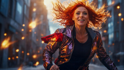 A middle-aged superhero mother with red hair is running towards the camera with buildings exploding in the background