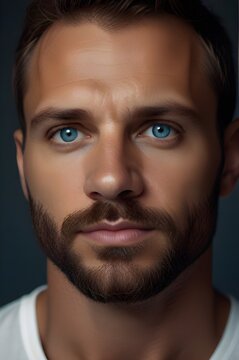Hyper realistic portrait of 32 years old, handsome athletic man, short hair, natural skin, handsome face with beard, playful body, serious expression, blue eyes, moody background, natural skin. 