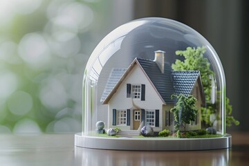 Close-up View of Protective Glass Dome Over Miniature Residential Model Symbolizing Home Security and Insurance - obrazy, fototapety, plakaty