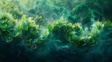 Fototapeta na wymiar Green leaves and vines growing in an underwater setting.