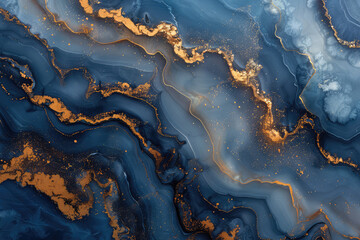 Blue and gold marble background, fluid art, high resolution, in the style of various artists. Created with Ai