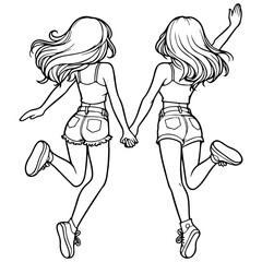 Girl Friends Jumping Sketch Drawing.
