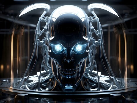 Cybernetic Extraterrestrial Experiment in Futuristic Science Laboratory with Cyborg Wired to Vacuum Tubes