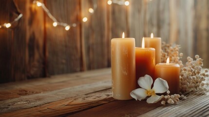 Candles lit on wooden table with flowers and lights