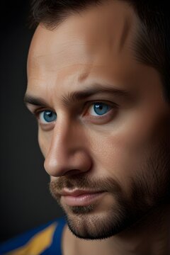 Hyper realistic portrait of 32 years old, handsome athletic man, short hair, natural skin, handsome face with beard, playful body, serious expression, blue eyes, moody background, natural skin. 