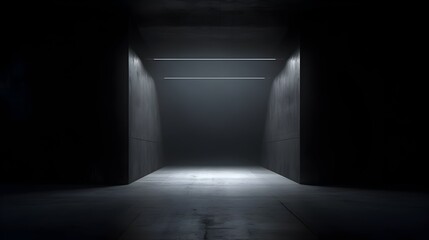 Dimly Lit Concrete Tunnel with Bright LED Lights in a Futuristic and Mysterious Industrial Interior Design Scene