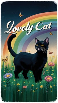 A cute black cat wandering under a rainbow. 1970 or 160 style illustration. the cat has lovely cat written on it. see vertical