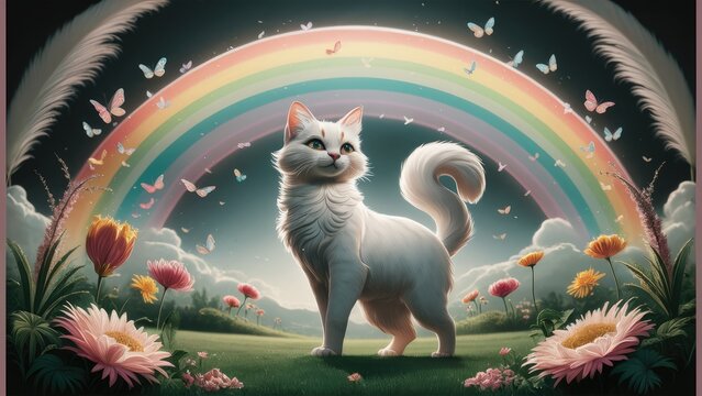 A cute cat wandering under a rainbow. 1970 or 160 style illustration.