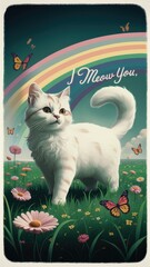 A cute white cat wandering under a rainbow. 1970 or 160 style illustration. the cat has i meow you written on it.