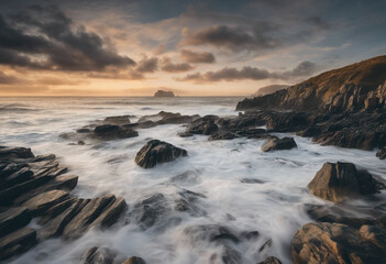 Obraz premium beautiful coastal landscape with rocky shores, the ocean, sunrise and a sky