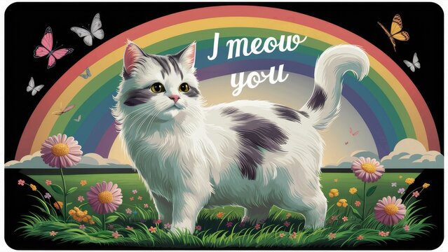 I meow you.  A cute white cat illustration that looks like an old postcard.