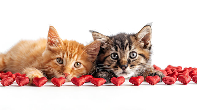 dog and cat with hearts for valentines day isolated on white, generative ai