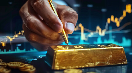 close up of man's hand holding a pen, next to gold bricks. Market trading trends, portfolio assets. - obrazy, fototapety, plakaty