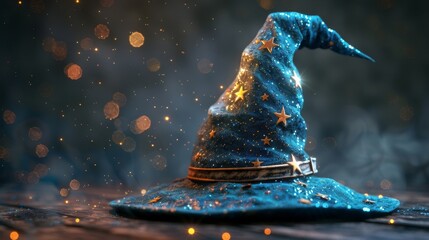 A blue wizard hat with gold stars and a gold belt buckle sits on a wooden table. There is a magical golden light floating around the hat. - obrazy, fototapety, plakaty