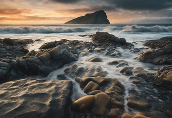 beautiful coastal landscape with rocky shores, the ocean, sunrise and a sky