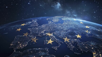 A mesmerizing display of EU-themed constellations in the enchanting night sky over Europe, evoking a sense of connection and wonder through deep, astral photography.