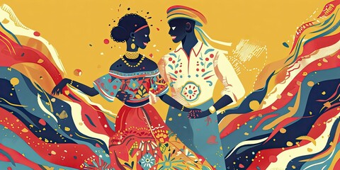 A couple in traditional attire lost in a dance, surrounded by history, illustration style, in straight front portrait minimal.