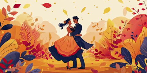 Captivated in a traditional dance, history envelops the couple in a minimal, front-facing portrait with an illustrative touch.