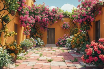 Vivid blossoms in a Mexican garden form a serene setting for leisurely siestas, depicted in a minimalist straight-on portrait style.
