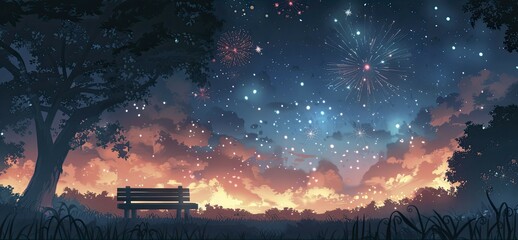 A solitary bench with a view of the festival fireworks, anticipation in the air, illustration style, in straight front portrait minimal.