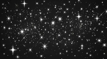 Stars twinkle in an animated display depicted in a white cartoon style with flat 2d doodles These stars blink and glitter against a black background resembling a mesmerizing night sky