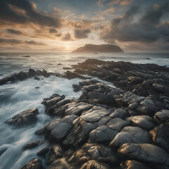 beautiful coastal landscape with rocky shores, the ocean, sunrise and a sky