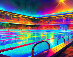Firefly A computergenerated scene depicting a vibrant high school swimming meet at night. Concept - obrazy, fototapety, plakaty