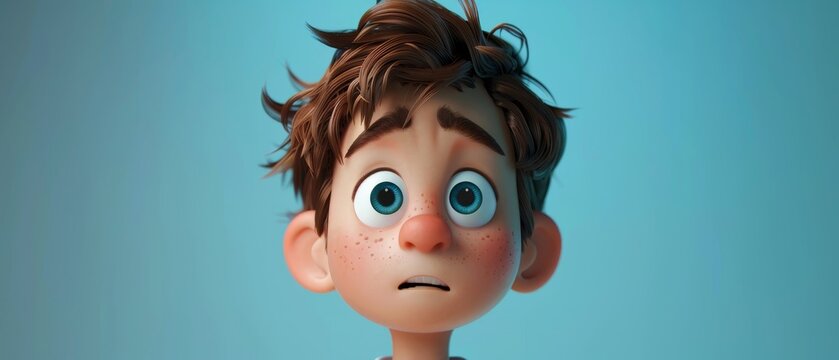 3d render of a boy with brown hair and freckles looking upwards with a worried expression