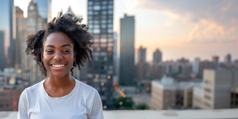 A young African-American woman of 18 smiles in the background of the city - obrazy, fototapety, plakaty