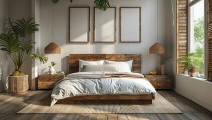 A bedroom with wooden floors, large windows overlooking the ocean and tropical plants on the floor. Created with Ai