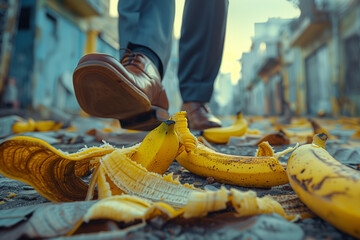 Businessman stepping a banana peel at the street