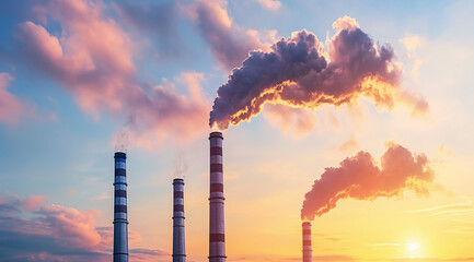 climate change; power station; smoke rising from industrial chimneys; smokestacks emitting clouds of smoke - obrazy, fototapety, plakaty