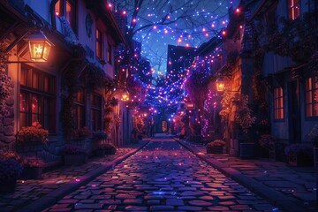 The cobblestone street winds towards a luminous festival, captured in a minimalist, front-facing illustration style from a high angle.