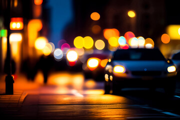 Colorful backdrop of night street with bokeh blurred light cars and street lamps. Abstract...