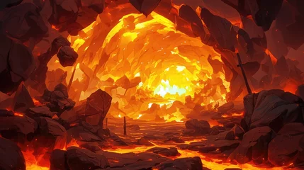 Fototapeten Immerse yourself in a fantastical world where fiery lava flows through a rocky cave creating a hellish backdrop like no other This stunning fantasy landscape features molten magma cascading  © AkuAku