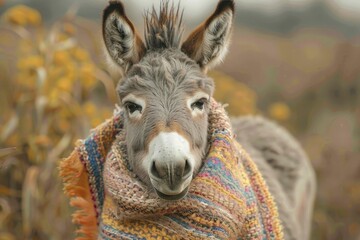 Adorable miniature donkeys wear vibrant Mexican blankets in a sunny field, captured in a minimalist front portrait illustration. - obrazy, fototapety, plakaty