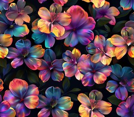 small Bold Colored flowers with edges of petals shimmering, black background, hyperrealistic, seamless