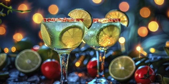 Festive margaritas cheerfully clink under glowing string lights in an artful, minimalist front-facing portrait.