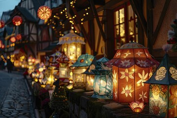 Handcrafted Europe Day lantern festival in a quaint European town, tradition and celebration theme, in warm, glowing night style.