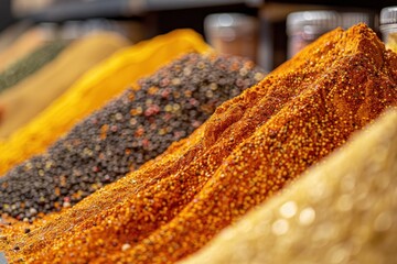 A close-up shot of colorful spices piled high in an open-air market, enticing the senses. - obrazy, fototapety, plakaty